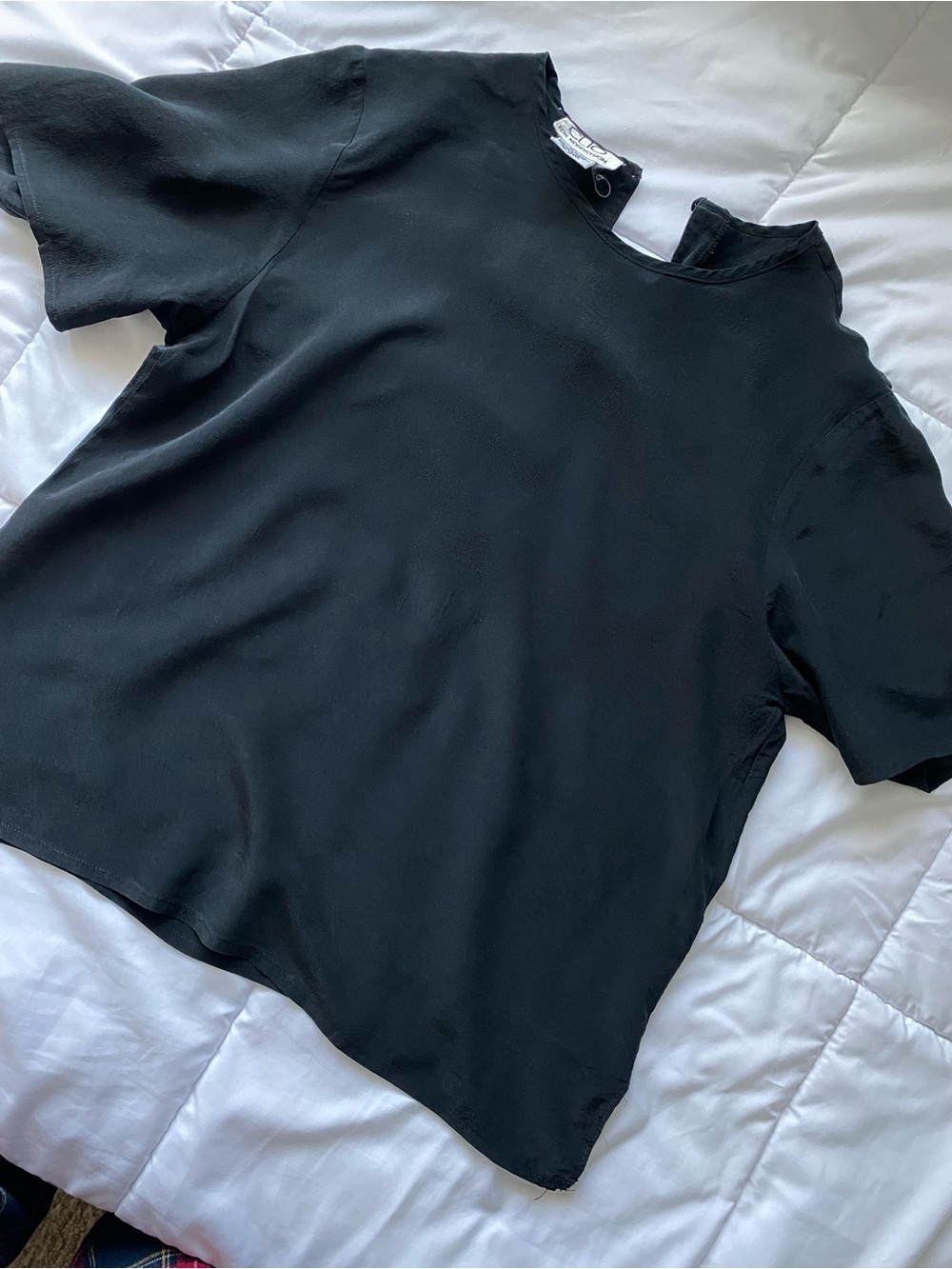 Clio Black Short-Sleeve Blouse with Subtle Crew Neck